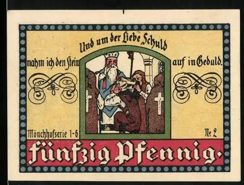 Notgeld Manebach 1921, 50 Pfennig, Mönch wird mit dem Steintragen bestraft