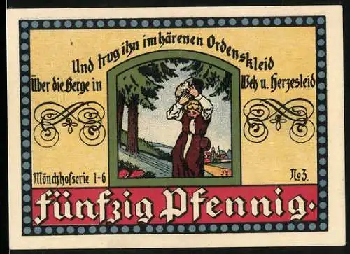 Notgeld Manebach 1921, 50 Pfennig, Mönch trägt den Stein in die Berge