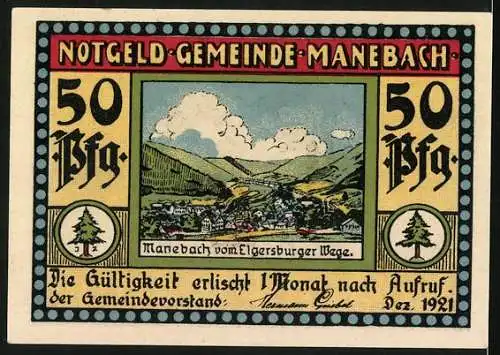 Notgeld Manebach 1921, 50 Pfennig, Mönch trägt den Stein in die Berge