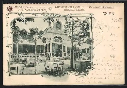 AK Wien, Restaurant-Cafe Volksgarten J. Seidl, mit Terrasse