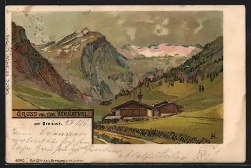 Lithographie Gries am Brenner, Vennatal, Hütte in malerischer Berglandschaft