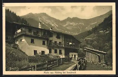 AK Hötting, Haus mit Bewohnern in Berglandschaft