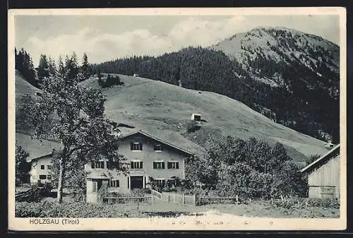 AK Holzgau, Ortspartie mit Gebäuden, Wiesen und Bergen