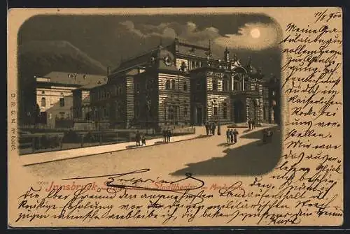 Mondschein-Lithographie Innsbruck, Stadttheater mit Strasse im Vollmondlicht