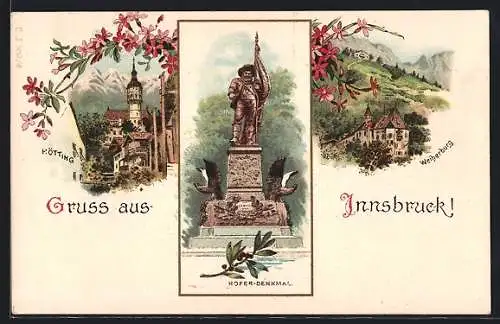 Lithographie Innsbruck, Andreas Hofer Denkmal mit Hötting