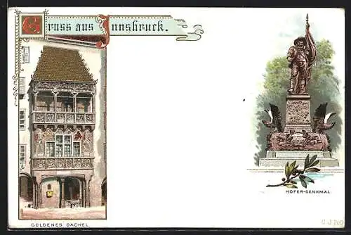 Lithographie Innsbruck, Prunkerker Goldenes Dachel, Hofer-Denkmal