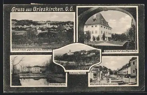 AK Grieskirchen, Waizenkirchnerstrasse, Pfarrhof, Schlösser Tollet u. Parz, Ortsansicht gegen Norden