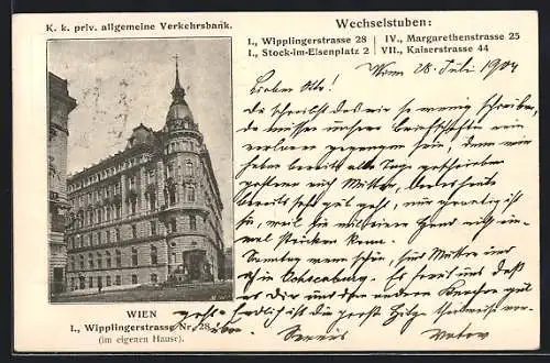AK Wien, K. k. priv. allgemeine Verkehrsbank in der Wippingerstrasse 28, Gebäudeansicht