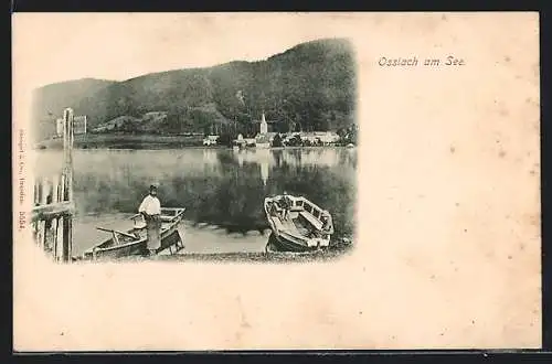 AK Ossiach am See, Ruderboote am Steg vor dem Ort