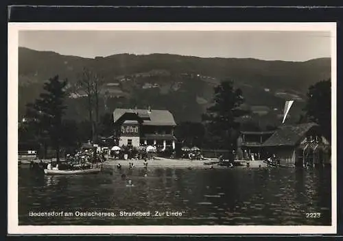 AK Bodensdorf am Ossiachersee, Strandbad Zur Linde, vom Wasser gesehen