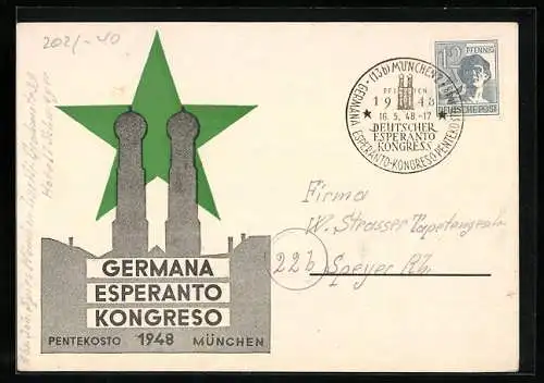 AK München, Germana Esperanto Kongreso 1948, Frauenkirche und grüner Stern