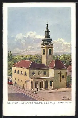 Künstler-AK Mauer, Ansicht der neuen Pfarrkirche zum hl. Erhard