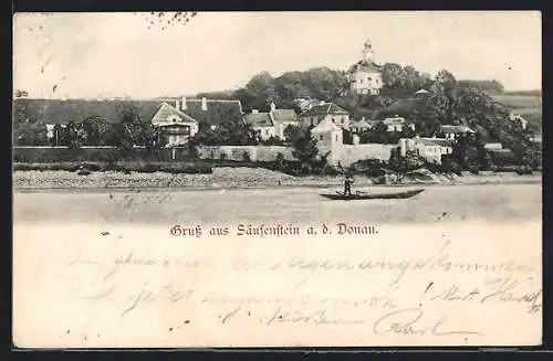 AK Säusenstein a. d. Donau, Ortsansicht mit Boot