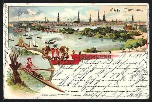 Lithographie Hamburg, Alster Panorama, Ruderer im Boot, Segelboote, Dampfer