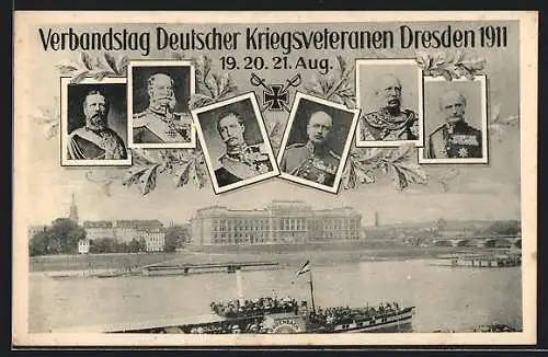 AK Dresden, Verbandstag Deutscher Kriegsveteranen 1911, Kaiser Wilhelm I., Wilhelm II. Friedrich III., Albert v. Sachsen