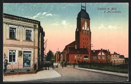 AK Cöthen i. Anh., St. Martinskirche und Handlung Wilhelm Simon