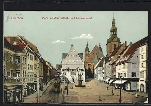 AK Eisleben, Markt mit Geschäften, Andreaskirche und Lutherdenkmal