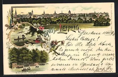 Lithographie Leipzig, Panorama der Stadt, Pleissenpfahlbau Wassergott