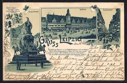 Lithographie Leipzig, Siegesdenkmal, Rathaus, Peterstrasse