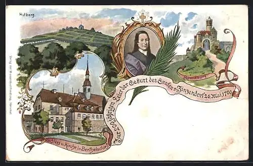 Künstler-AK Berthelsdorf, Zur 200jährigen Feider der Geburt des Grafen v. Zinzendorf 1700, Schloss und Kirche, Ronneburg