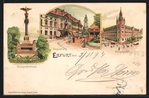 Lithographie Erfurt, Hauptpost, Kriegerdenkmal, Regierung