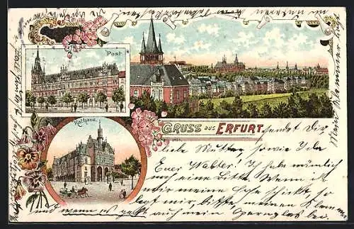 Lithographie Erfurt, Ortsansicht mit Rathaus und Post