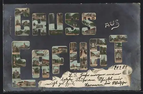 AK Erfurt, verschiedene Ortsansichten im Schriftzug