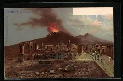AK Pompei, Foro Civile e Tempio di Giove, Lava spuckender Vulkan bei Nacht