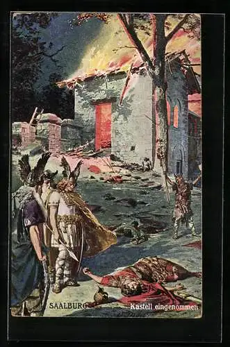 Künstler-AK sign. C. Diebel: Saalburg, Kastell eingenommen, Germanen im Kampf gegen Römer, Germanenkult