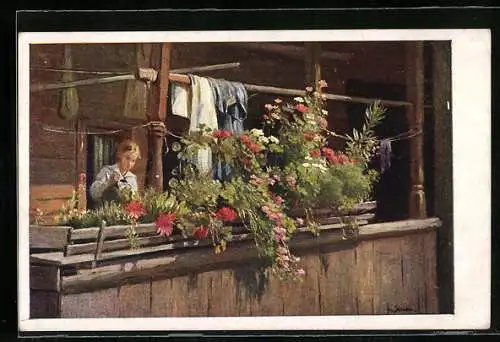 Künstler-AK Brüder Kohn (B.K.W.I) Nr. 2521: Blumenfreundin auf einem Balkon