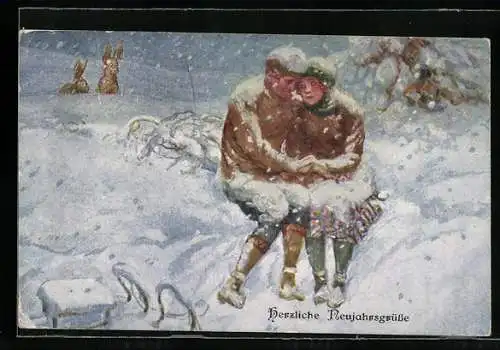 Künstler-AK Brüder Kohn (B.K.W.I) Nr. 3197-1: Zwei Pärchen, Menschen & Hasen im Schneegestöber, Schlitten