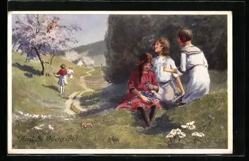 Künstler-AK Brüder Kohn (B.K.W.I) Nr. 4676: Kinder auf einer blühenden Wiese