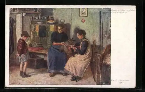 Künstler-AK Brüder Kohn (B.K.W.I) Nr. 1323: Junge zeigt seiner Mutter seine zerrissene Hose