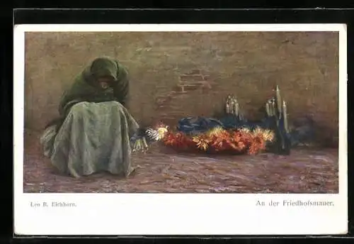 Künstler-AK Brüder Kohn (B.K.W.I) Nr. 1044: Trauernde an der Friedhofsmauer