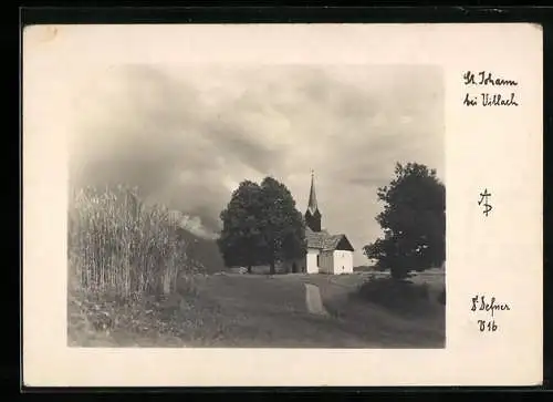 Foto-AK Adalbert Defner: St. Johann bei Villach, Kirche und Bäume