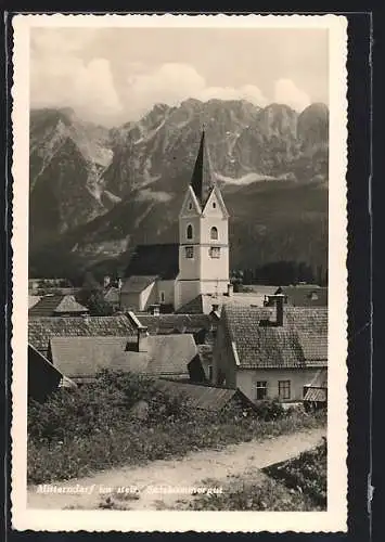 AK Mitterndorf im steir. Salzkammergut, Teilansicht mit Kirche gegen das Gebirge