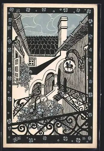 Künstler-AK Eisenstadt /Burgenland, Idyllischer Innenhof