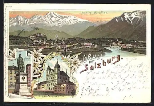 Lithographie Salzburg, Panorama, Wallfahrtskirche Maria Plain, Mozart Denkmal