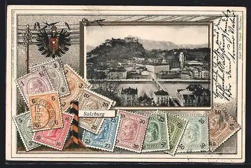 AK Salzburg, Teilansicht mit Hohensalzburg, Briefmarken
