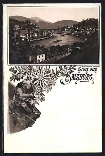 Lithographie Salzburg, Ortsansicht mit Floss auf dem Wasser, Zwerg mit Blumenstrauss