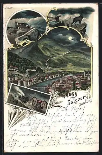 Mondschein-Lithographie Gaisberg, Hotel auf dem Berg, Zahnradbahn-Station Zistel-Alpe