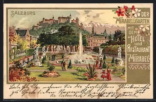 AK Salzburg, der Mirabell Garten m. Hotel & Restaurant Mitabell