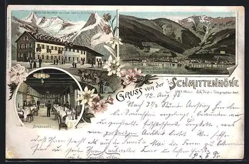 Lithographie Zell am See, Hotel Schmittenhöhe, Speisesaal, Partie am See