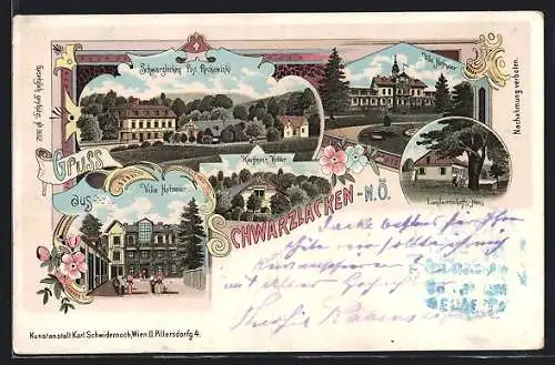 Lithographie Pressbaum, Schwarzlacken, Villa Hofmeier, Landwirtschafts-Haus, Kaufmann Kobler