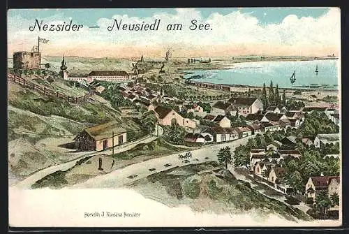 Künstler-AK Neusiedl am See, Ortsansicht mit Turm und Eisenbahn