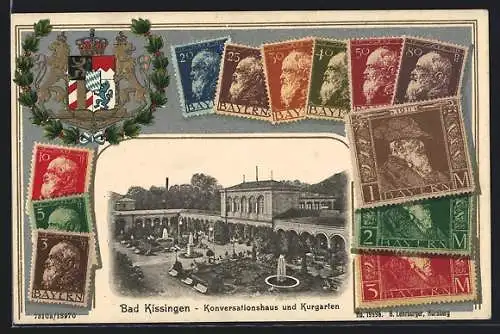 AK Bad Kissingen, Partie am Konversationshaus mit Kurgarten, Briefmarkenrahmen