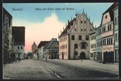AK Hassfurt, Obere und Untere Stadt mit Geschäften und Rathaus