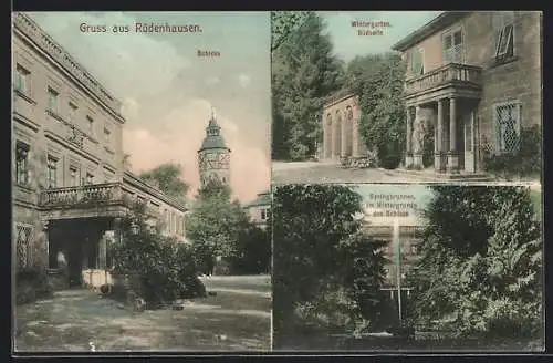 AK Rüdenhausen, Schloss, Südseite Wintergarten, Springbrunnen