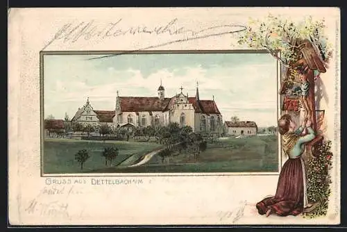Passepartout-Lithographie Dettelbach a/M, Kirche, Frau an Flurkreuz