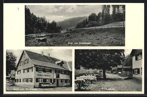 AK Oberkirnach i. Allgäu, Gasthaus zum Blockhäusle, Garten, Blick vom Blockhäusle mit weidenden Kühen